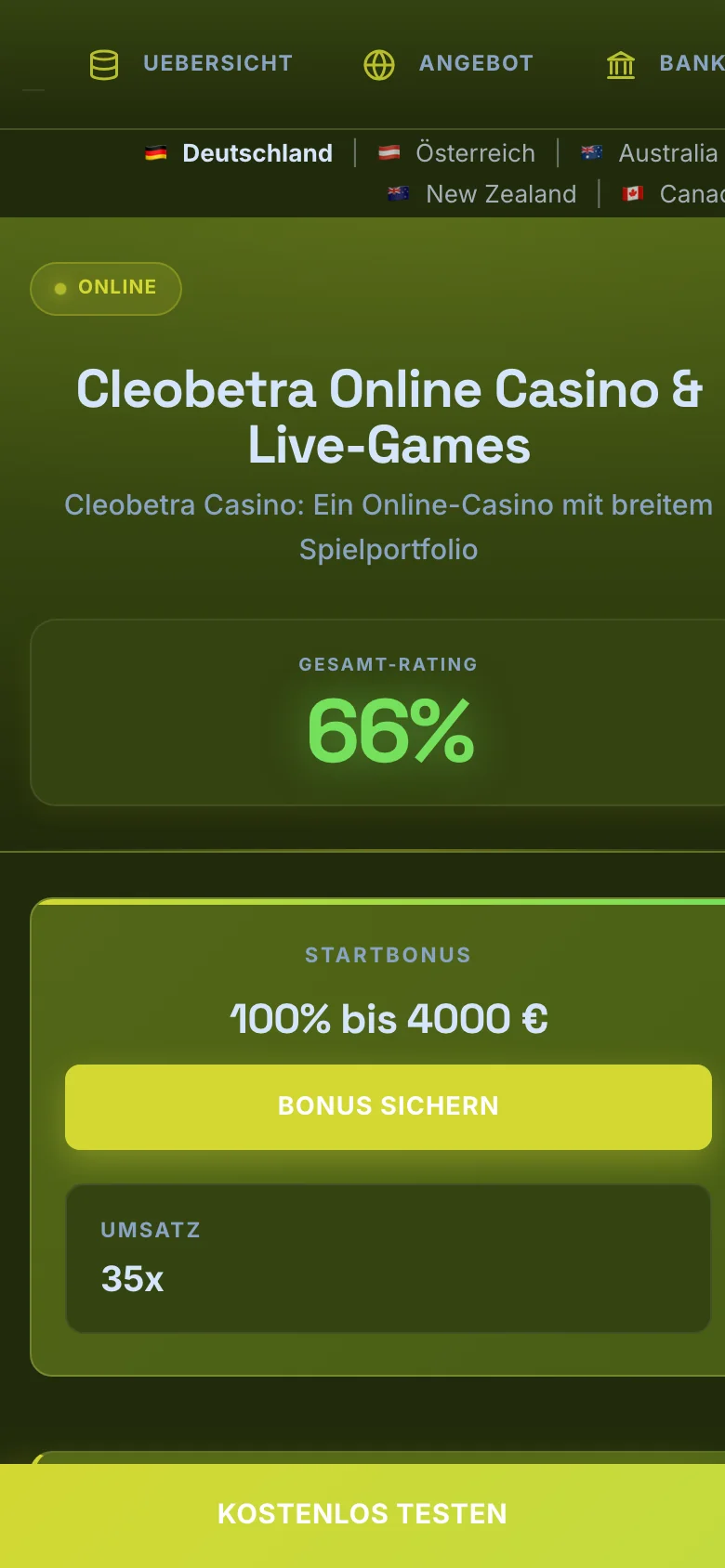 Cleobetra Casino mobile lobby screenshot